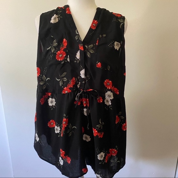 torrid Tops - Black Floral Challis Drawstring Babydoll Tunic